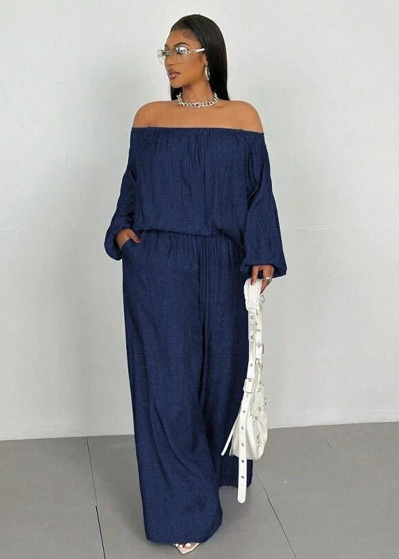 Blue Off-Shoulder Wide-Leg Pants Set with Long Balloon Sleeves