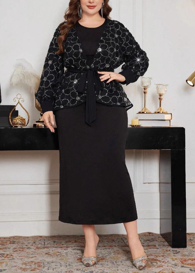 Black Sequin Floral Cardigan and Long Sleeve Maxi Dress Set