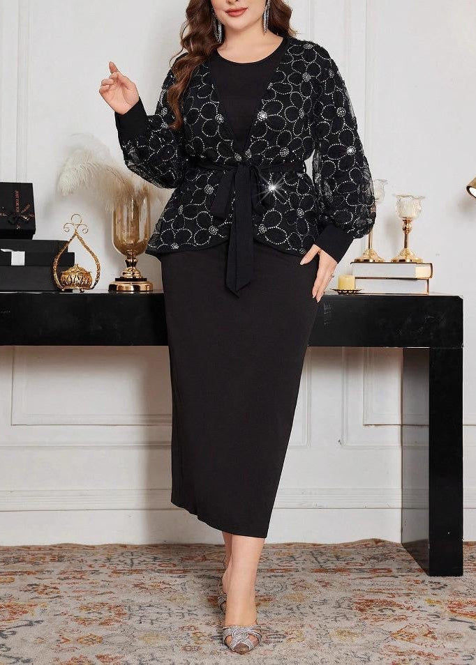 Black Sequin Floral Cardigan and Long Sleeve Maxi Dress Set