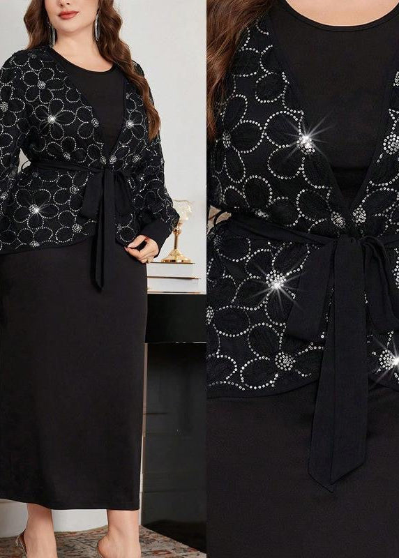 Black Sequin Floral Cardigan and Long Sleeve Maxi Dress Set