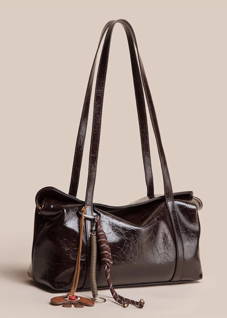 Dark Chocolate Glossy Leather Shoulder Bag – Dual Carry Design