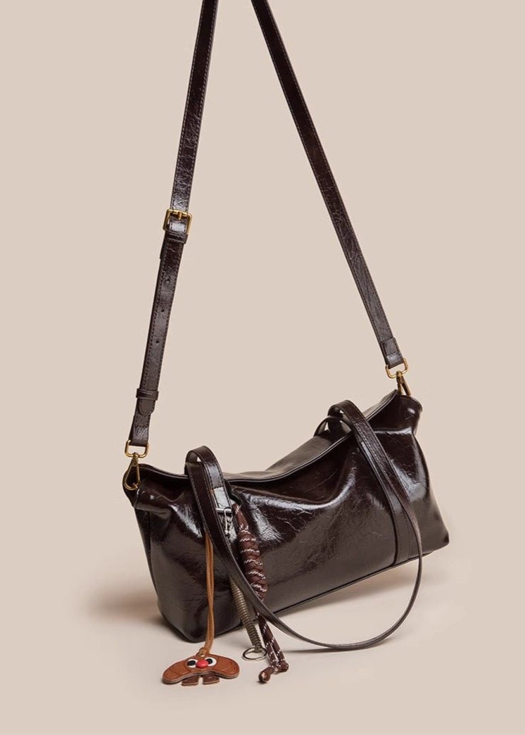 Dark Chocolate Glossy Leather Shoulder Bag – Dual Carry Design