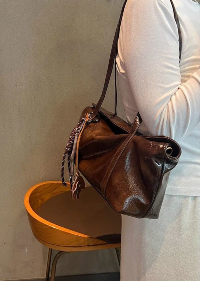 Dark Chocolate Glossy Leather Shoulder Bag – Dual Carry Design