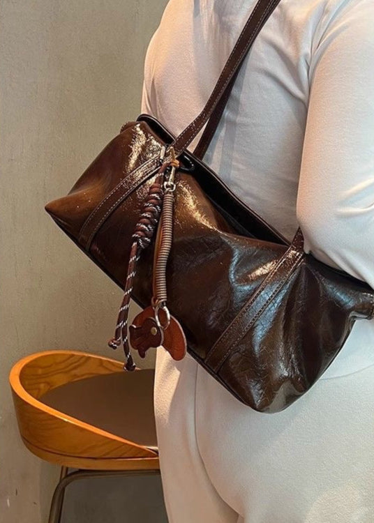 Dark Chocolate Glossy Leather Shoulder Bag – Dual Carry Design