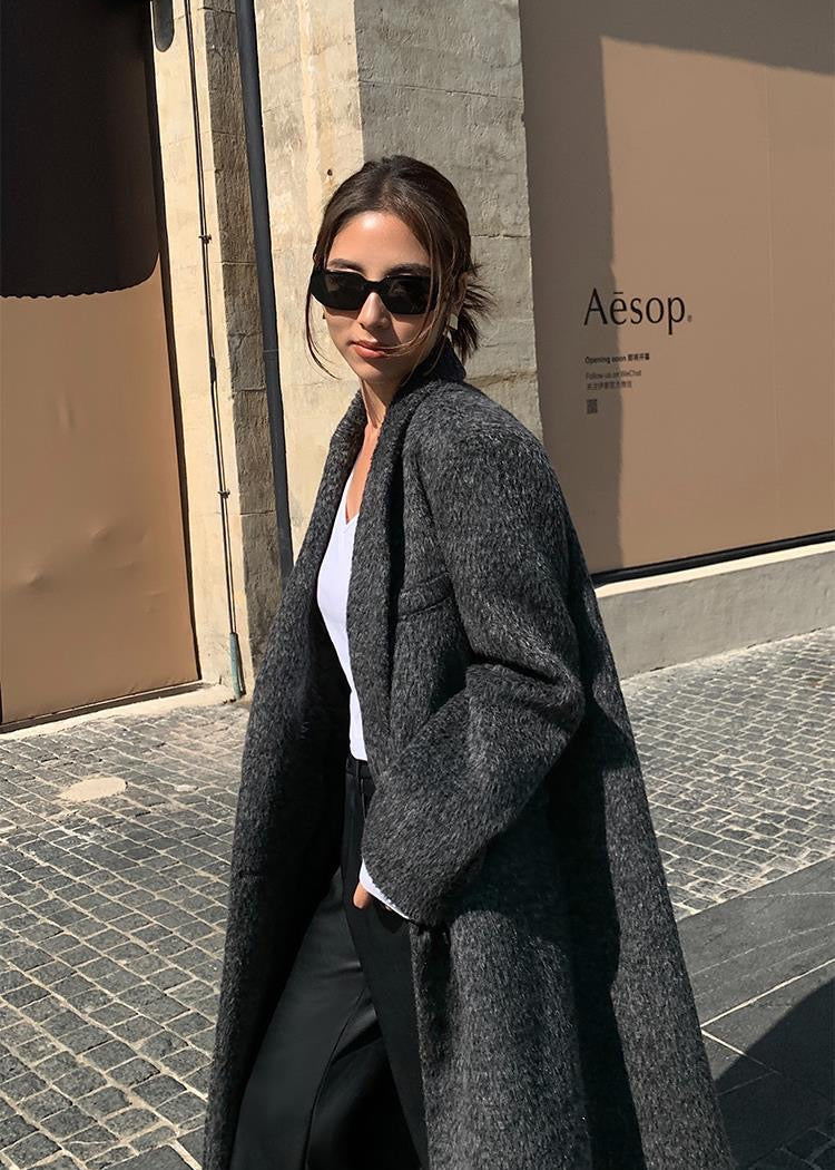 Abrigo largo de mezcla de lana con carbón vegetal – Diseño clásico sobredimensionado