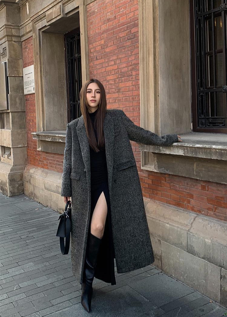 Abrigo largo de mezcla de lana con carbón vegetal – Diseño clásico sobredimensionado