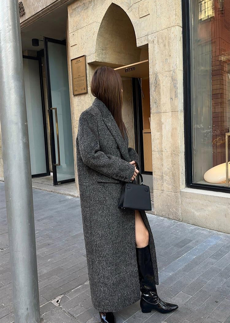 Abrigo largo de mezcla de lana con carbón vegetal – Diseño clásico sobredimensionado