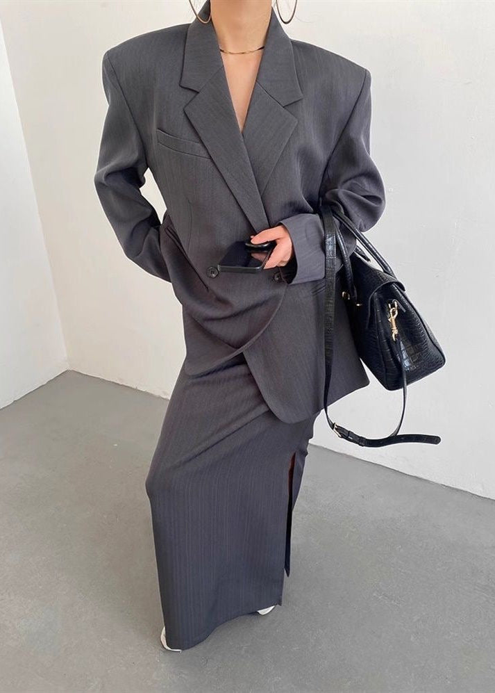 Conjunto de blazer a rayas y falda larga – Traje de dos piezas oversize para mujer