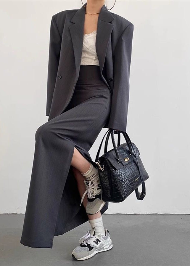 Conjunto de blazer a rayas y falda larga – Traje de dos piezas oversize para mujer