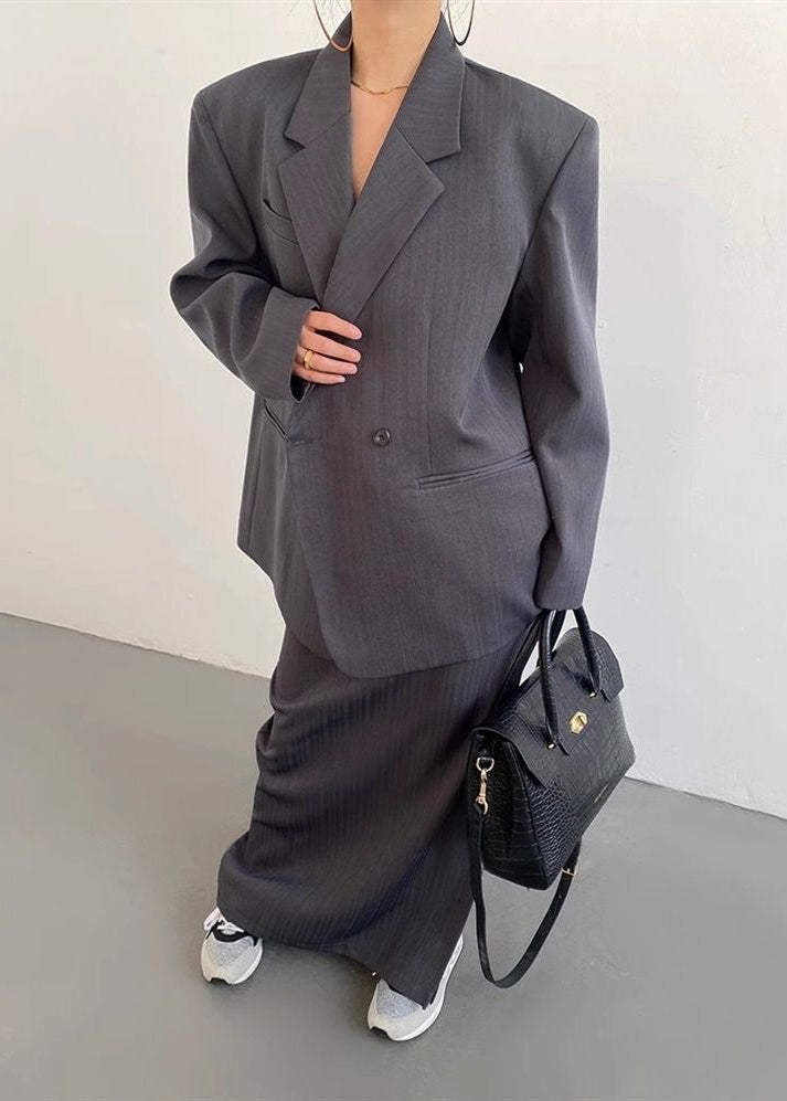 Conjunto de blazer a rayas y falda larga – Traje de dos piezas oversize para mujer