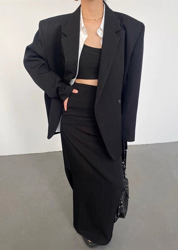 Conjunto de blazer a rayas y falda larga – Traje de dos piezas oversize para mujer