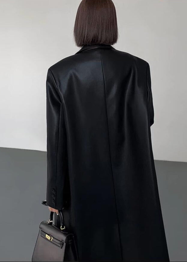 Abrigo largo extragrande de cuero sintético – Chaqueta de mujer marrón oscuro de un solo botón