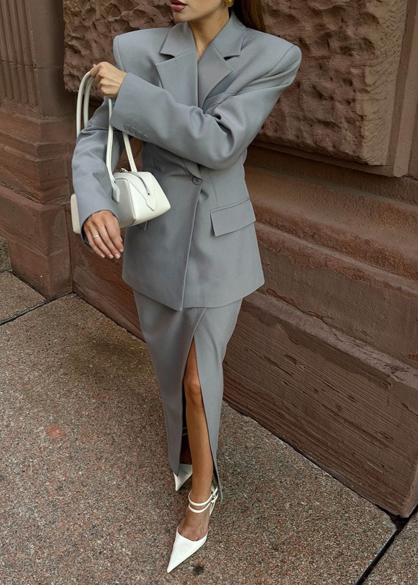 Conjunto de blazer estructurado y falda con abertura – Traje de dos piezas entallado para mujer