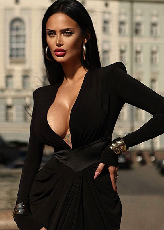 Midnight V-Neck Ruched Long Sleeve Evening Gown