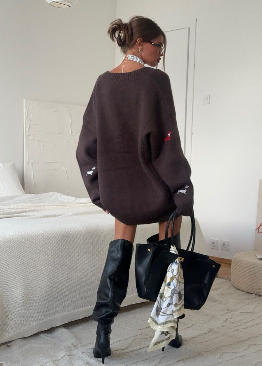 Oversized Brown Dog Embroidered Knit Cardigan
