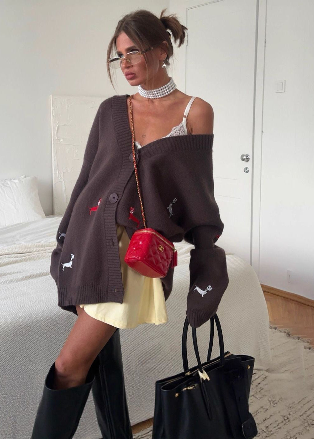 Oversized Brown Dog Embroidered Knit Cardigan