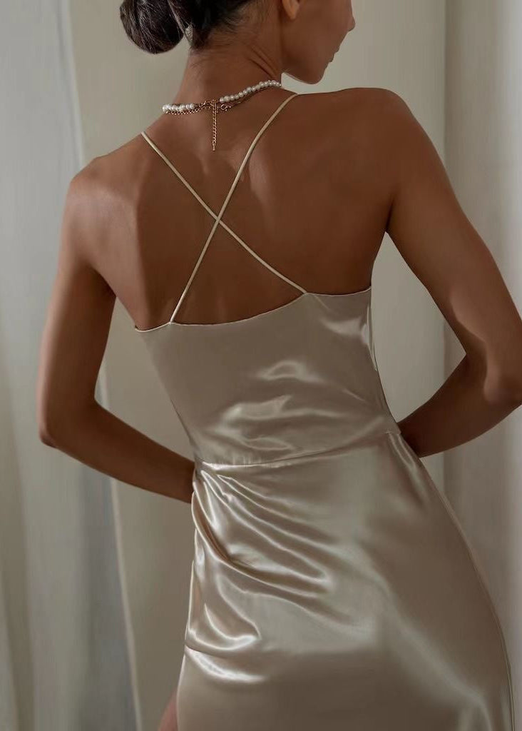 Champagne Satin Cross-Back Ruched Midi Dress