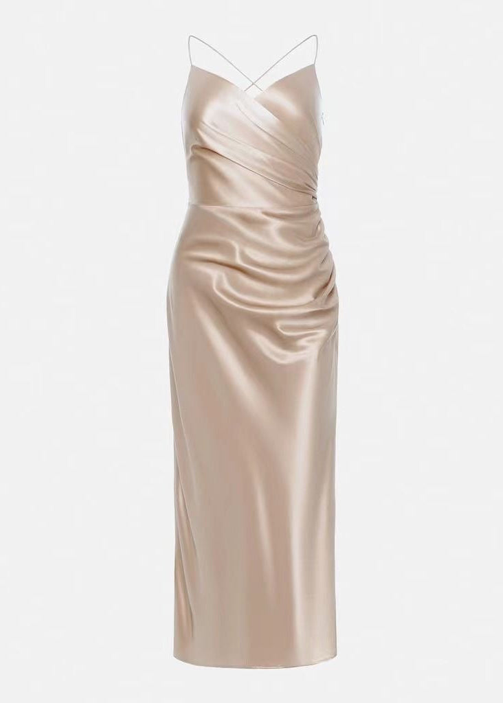 Champagne Satin Cross-Back Ruched Midi Dress
