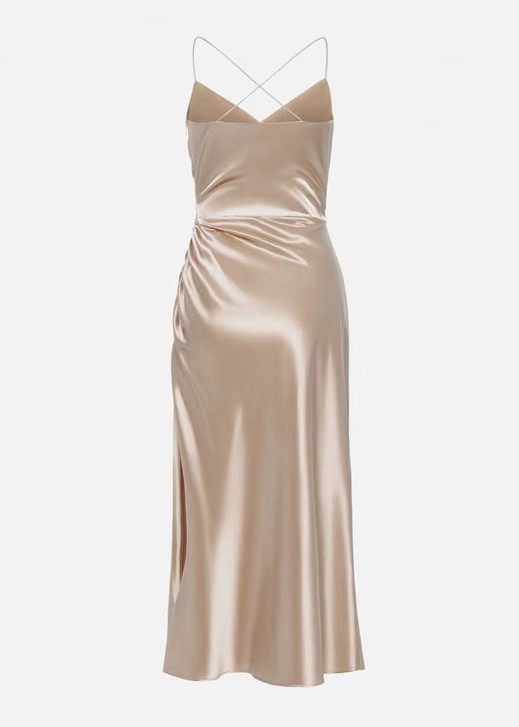 Champagne Satin Cross-Back Ruched Midi Dress