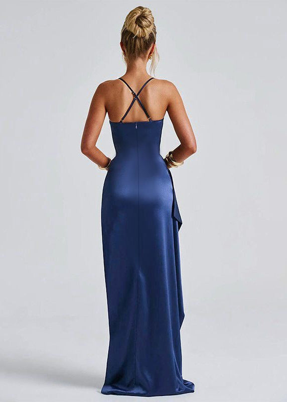 Midnight Blue Satin High-Slit Evening Gown