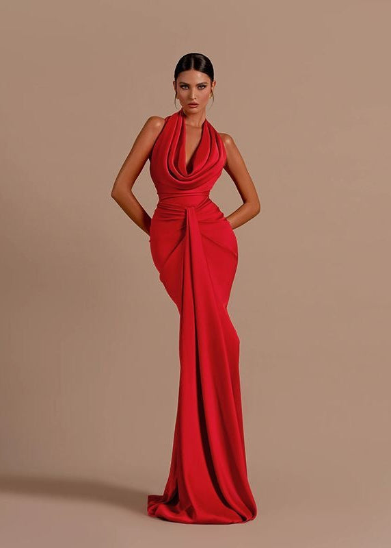 Valencia - Draped Halter Backless Evening Gown
