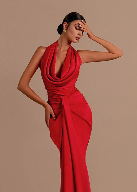 Valencia - Draped Halter Backless Evening Gown