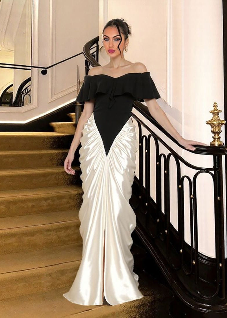 Aurelia Grace – Off-Shoulder Contrast Corset Gown with Draped Satin Skirt