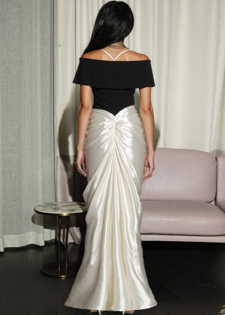 Aurelia Grace – Off-Shoulder Contrast Corset Gown with Draped Satin Skirt