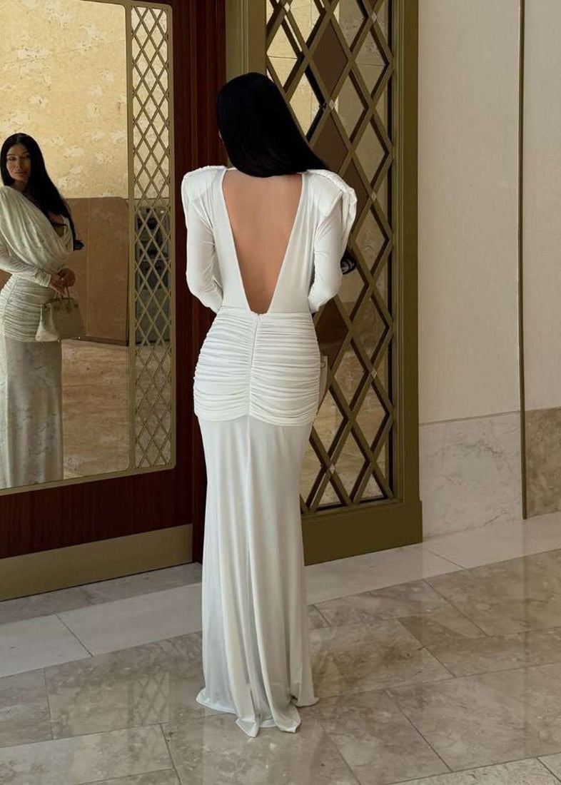 Selene Draped Long-Sleeve Open-Back Gown