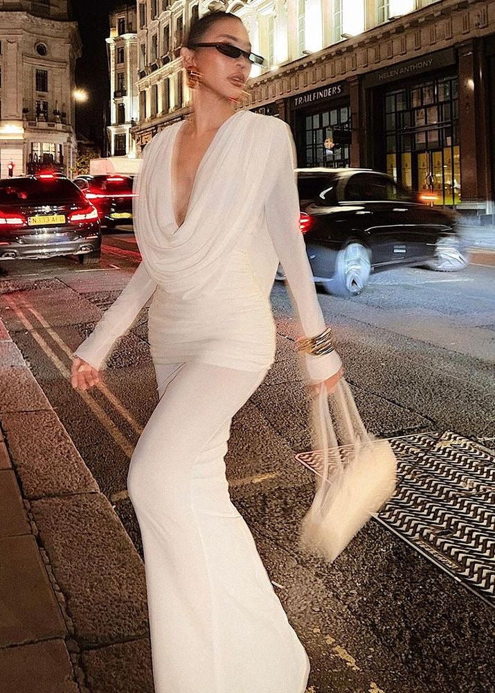 Selene Draped Long-Sleeve Open-Back Gown