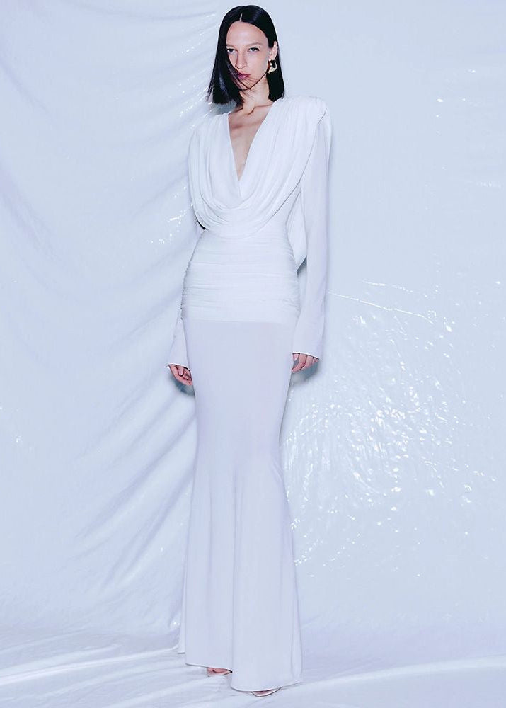 Selene Draped Long-Sleeve Open-Back Gown