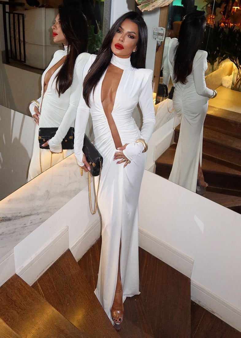 Sculpted White Cutout Long-Sleeve Gown with High Slit