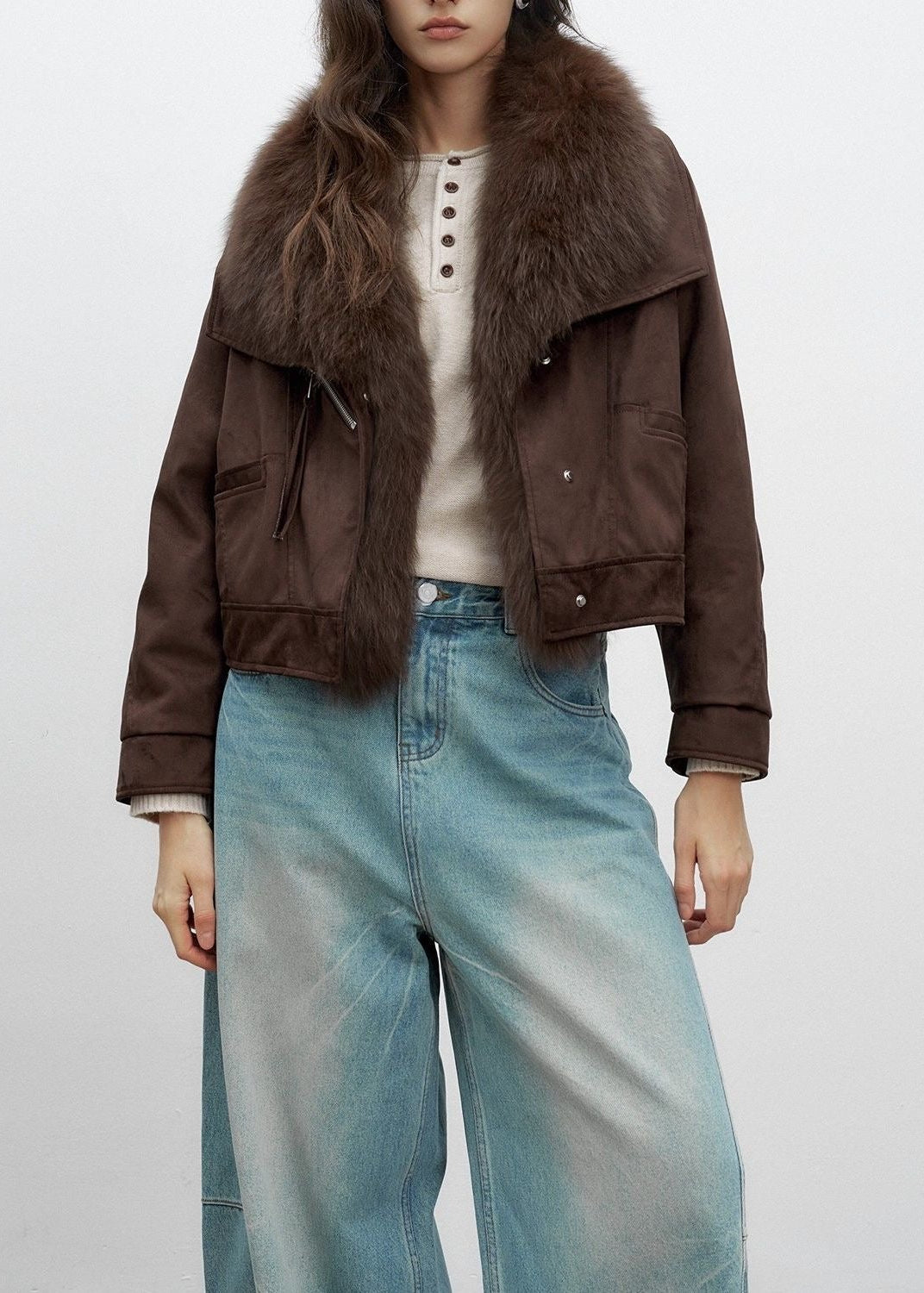Averly Faux-Fur Collar Cropped Suede Jacket