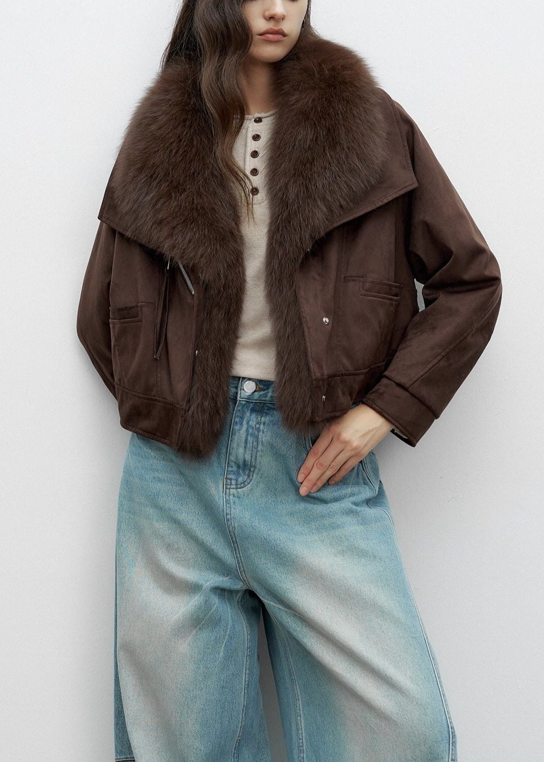 Averly Faux-Fur Collar Cropped Suede Jacket