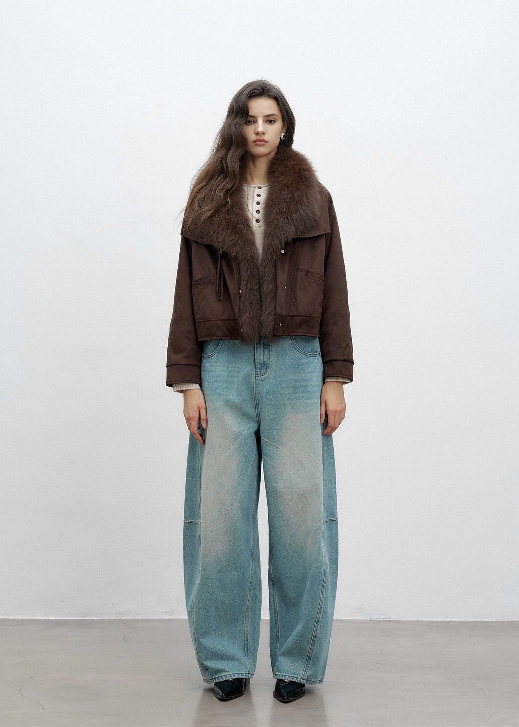 Averly Faux-Fur Collar Cropped Suede Jacket