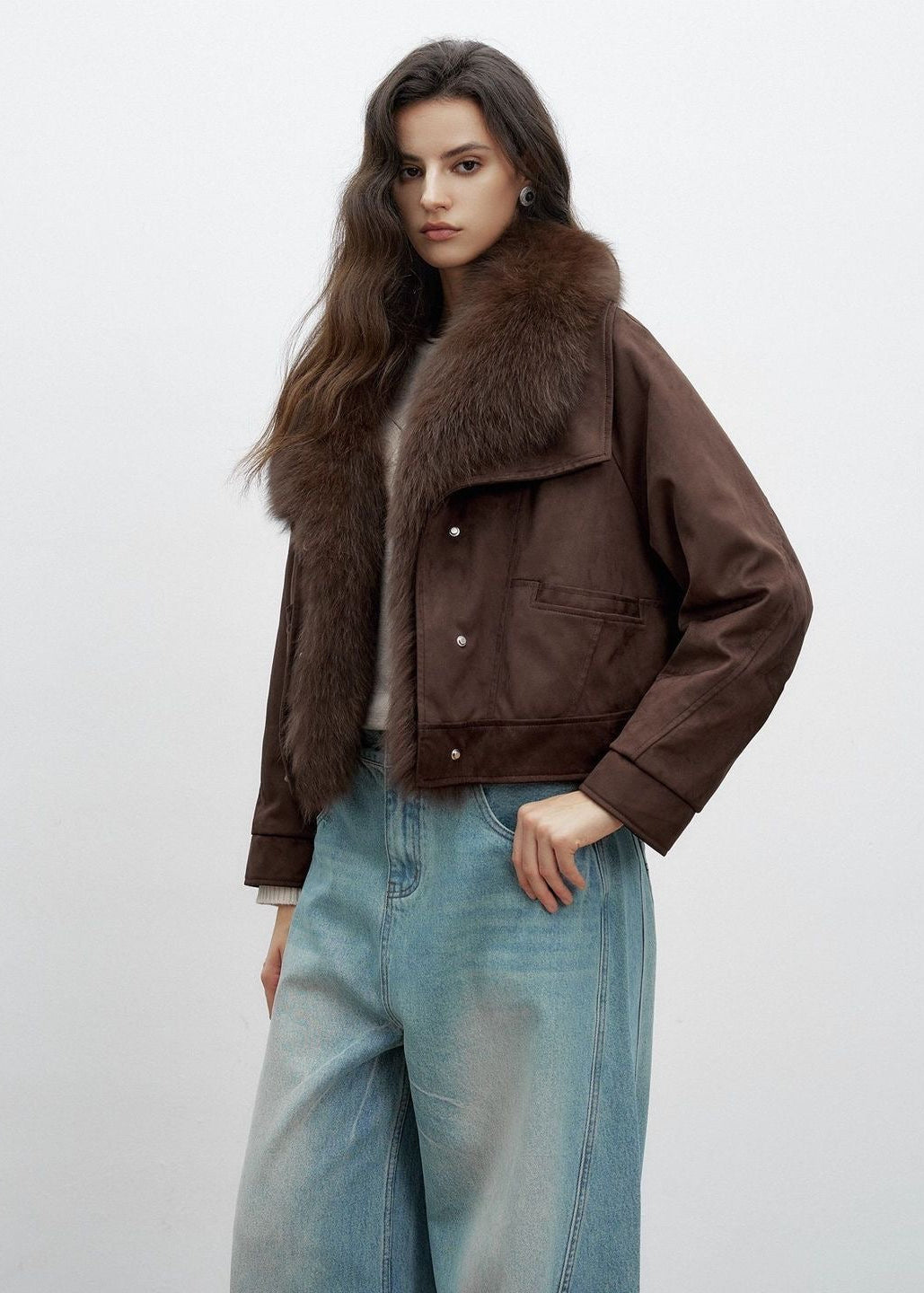 Averly Faux-Fur Collar Cropped Suede Jacket