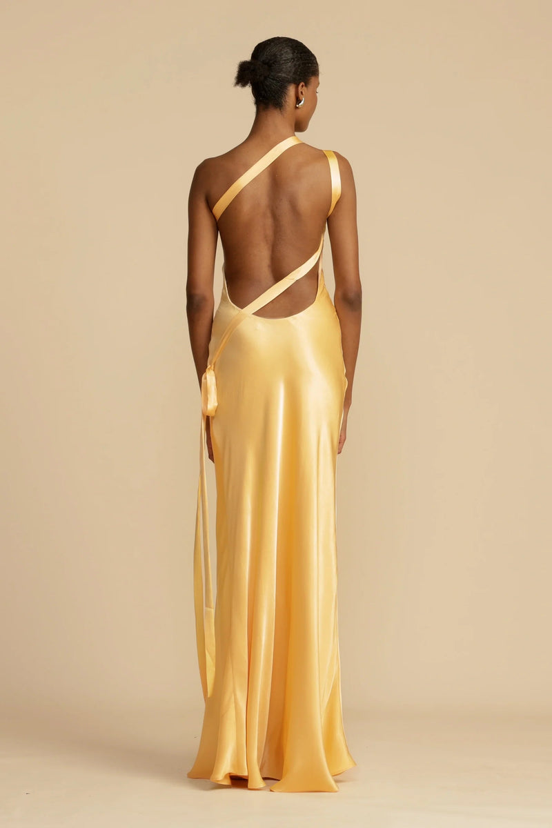 Moonlit Soiree - Satin Asymmetrical One Shoulder Backless Strap Maxi Dress