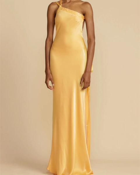 Moonlit Soiree - Satin Asymmetrical One Shoulder Backless Strap Maxi Dress