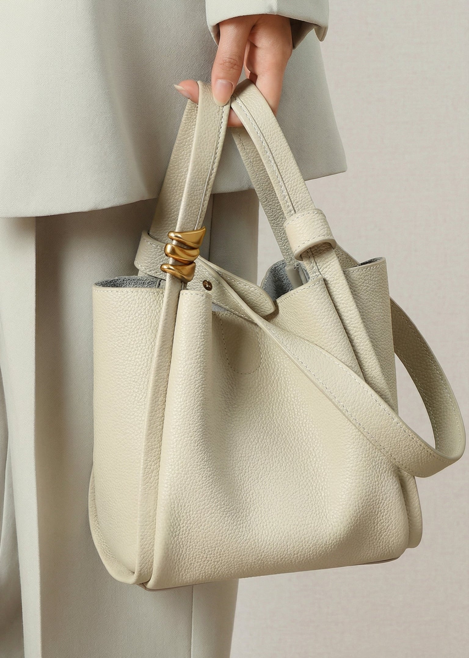 modern bucket tote bag genuine leather minimalist women handbag with gold hardware