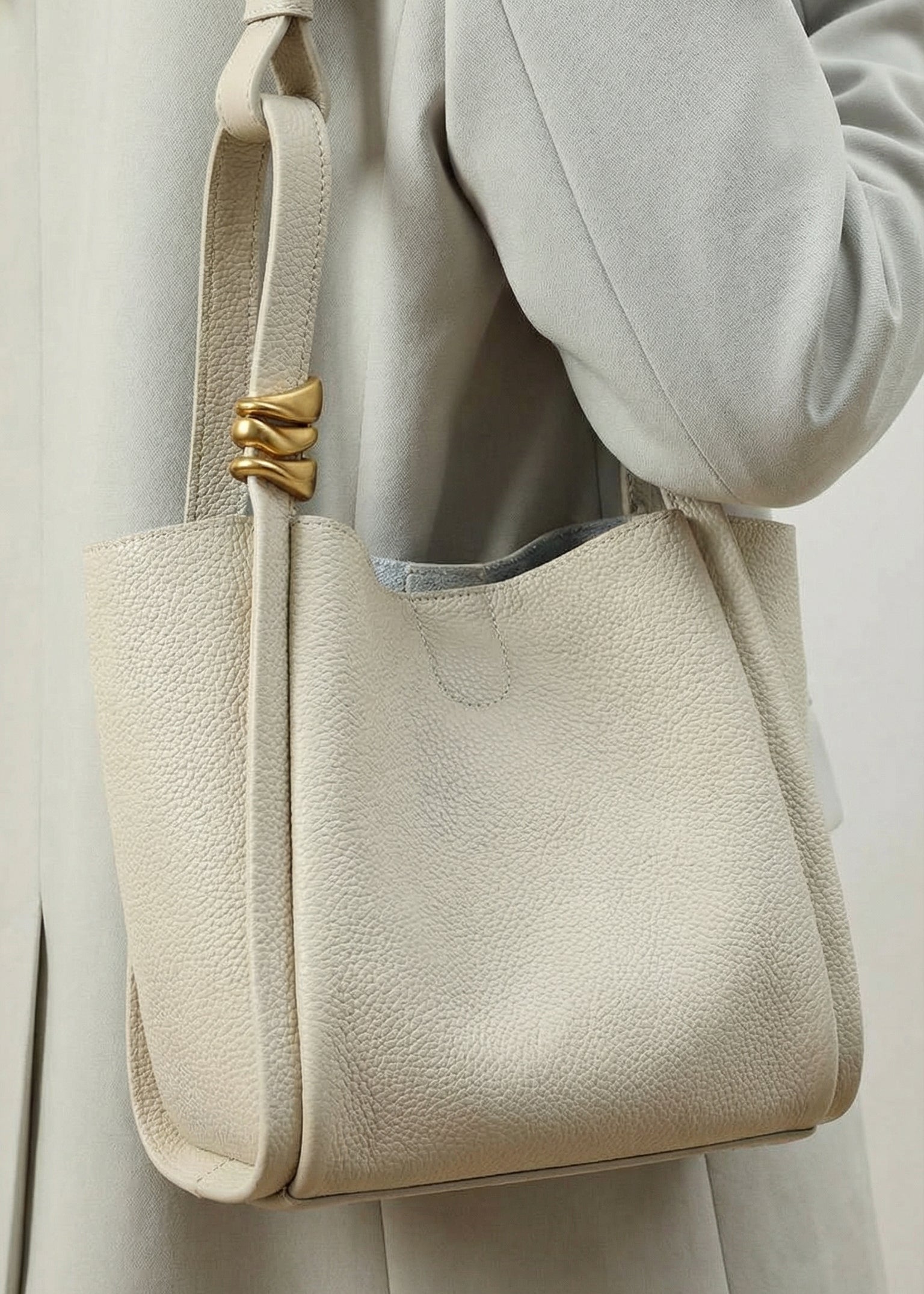modern bucket tote bag genuine leather minimalist women handbag with gold hardware