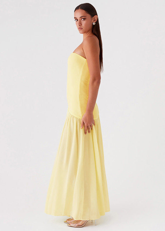 Solar Mirage – Strapless Yellow Maxi Dress with Side Slit