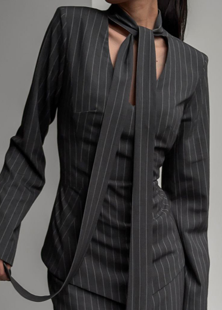 Power Pinstripe Blazer Set – Skirt & Tie Detail