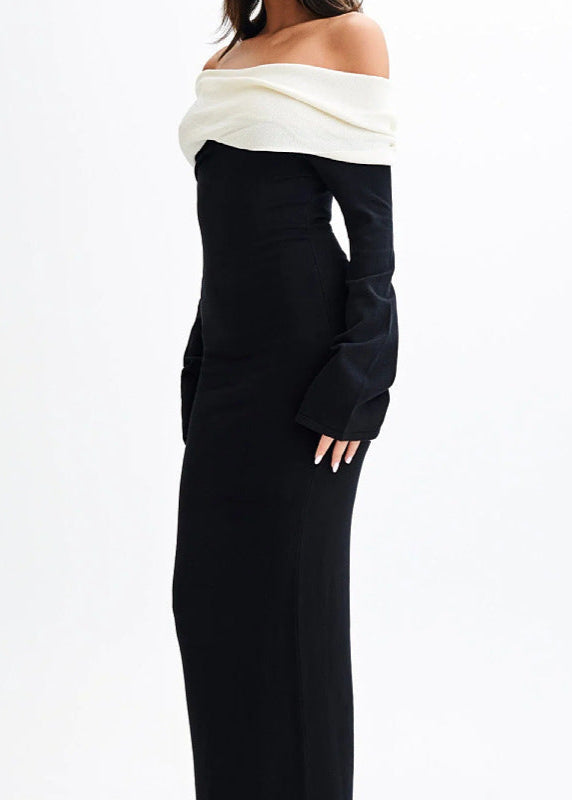 Noir Elegance - Off-Shoulder Contrast Maxi Jurk