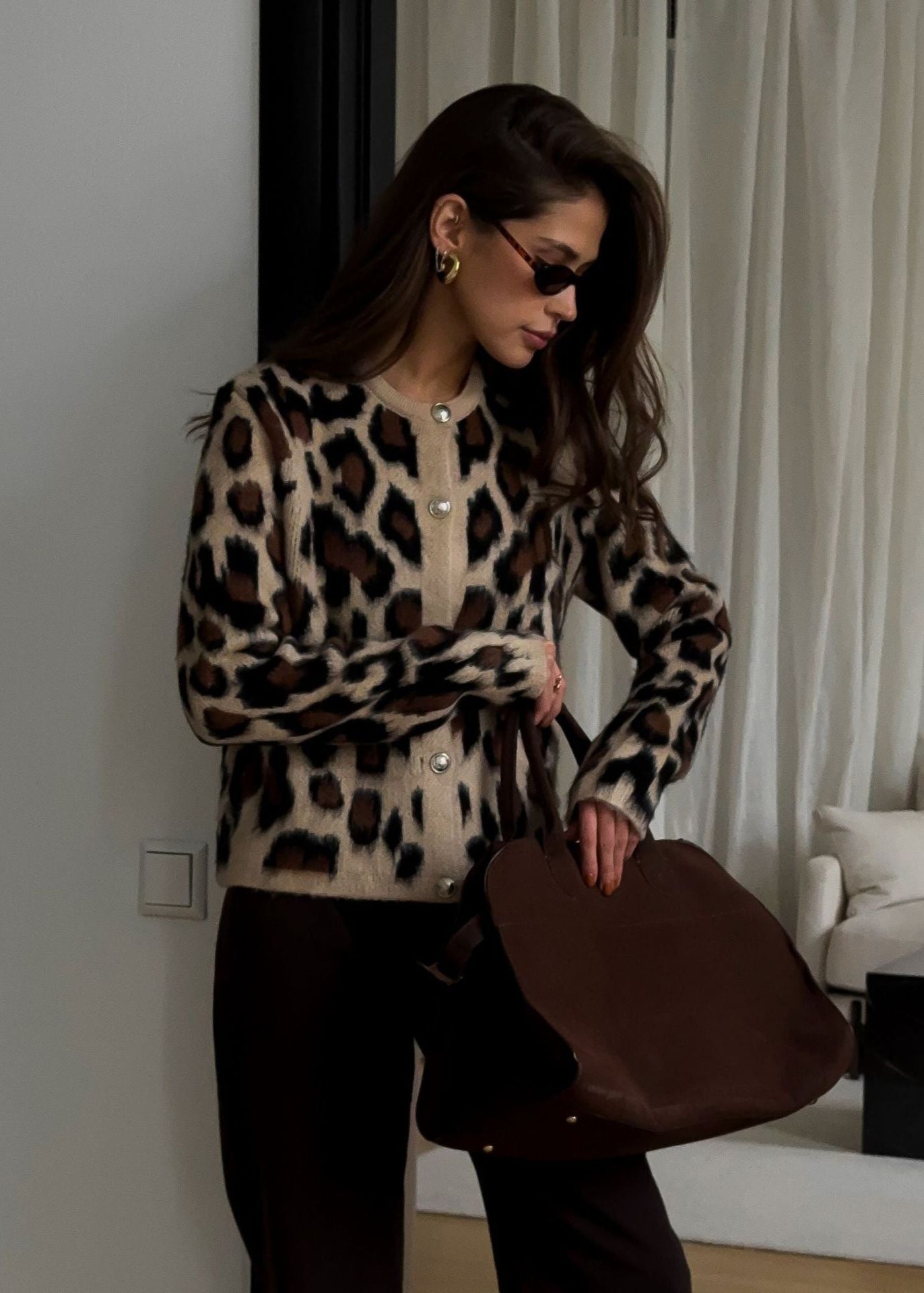 Leopard Print Button-Up Knit Cardigan