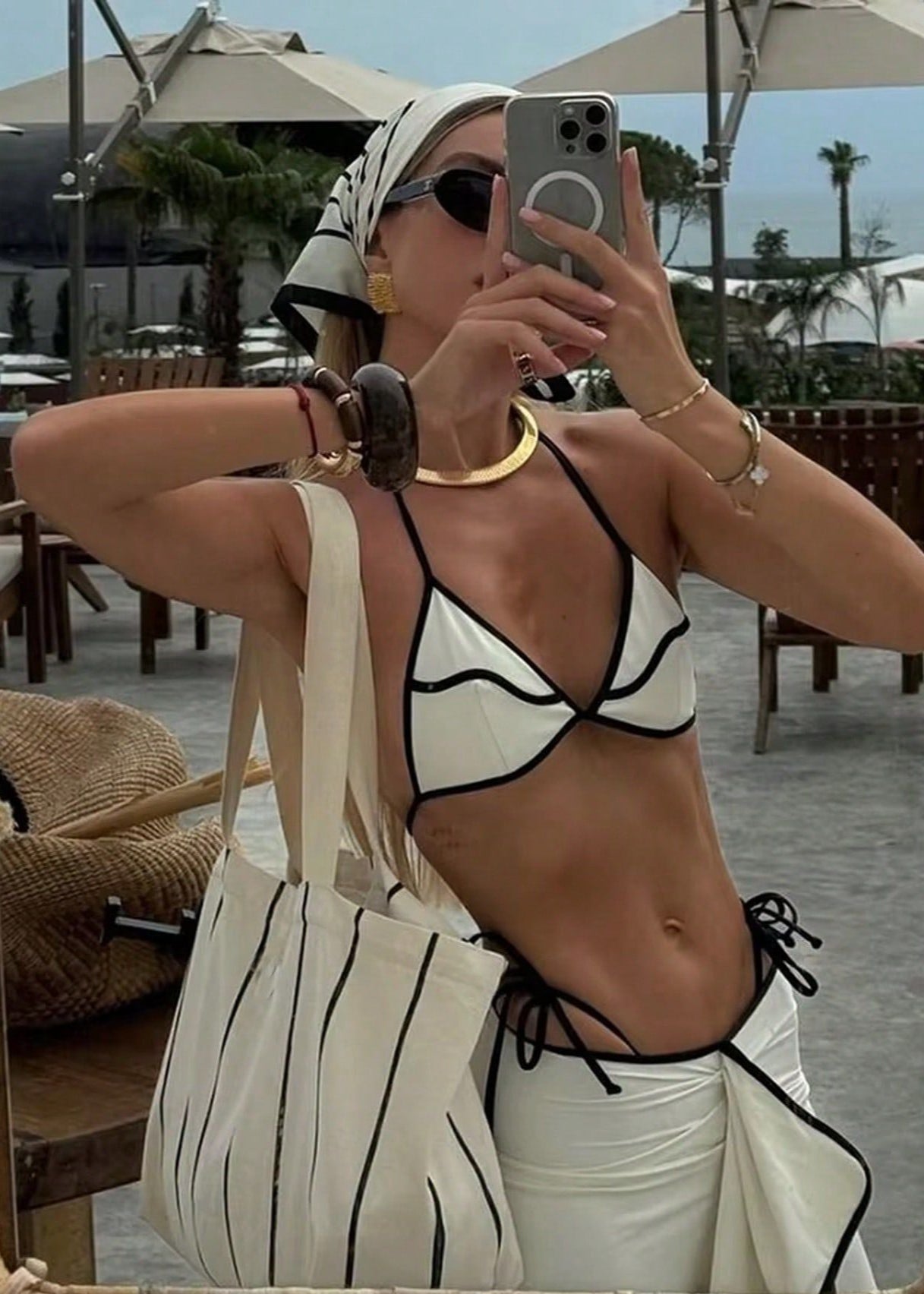 Tivara - Three-Piece Contrast Trim Bikini & Maxi Skirt Set