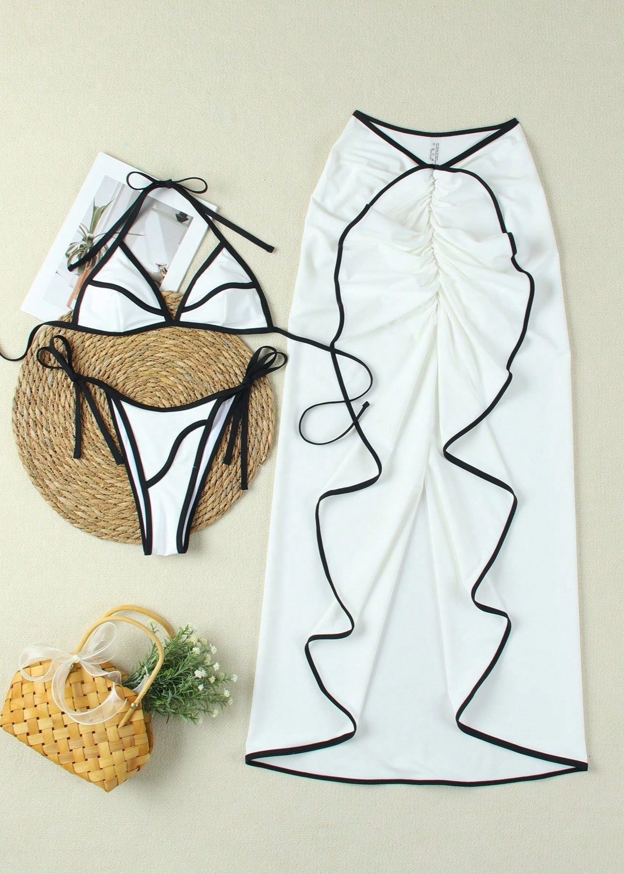 Tivara - Three-Piece Contrast Trim Bikini & Maxi Skirt Set