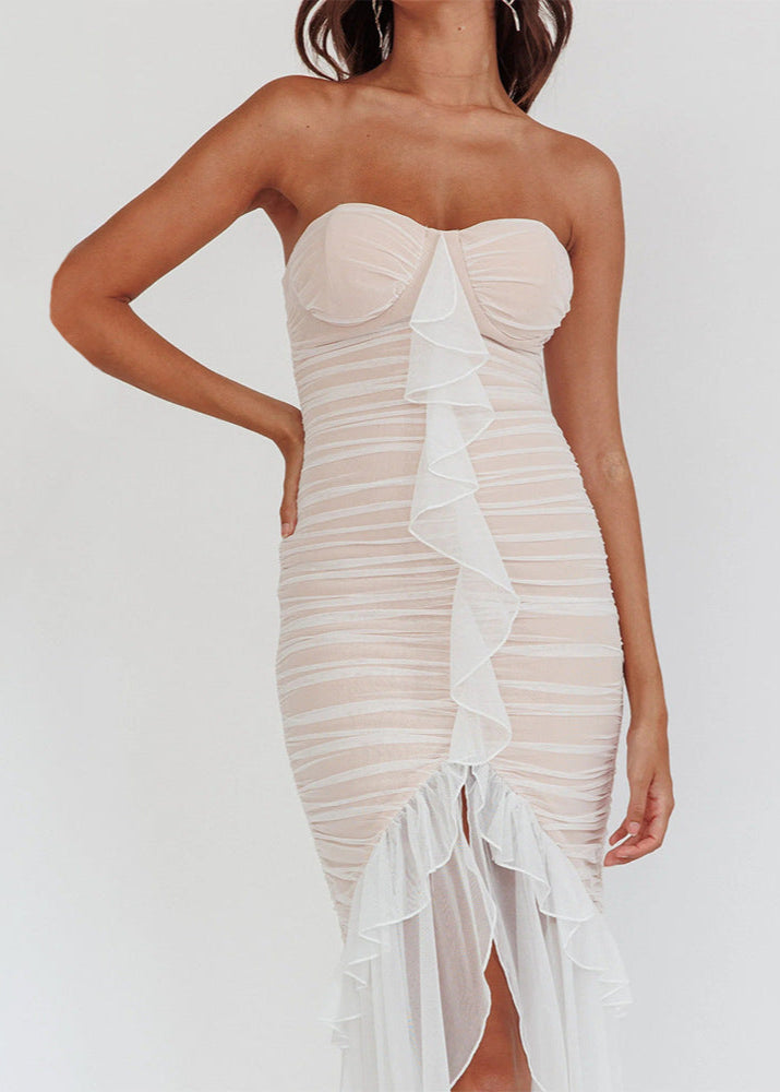 Celestine - Sheer Ruched Strapless Gown