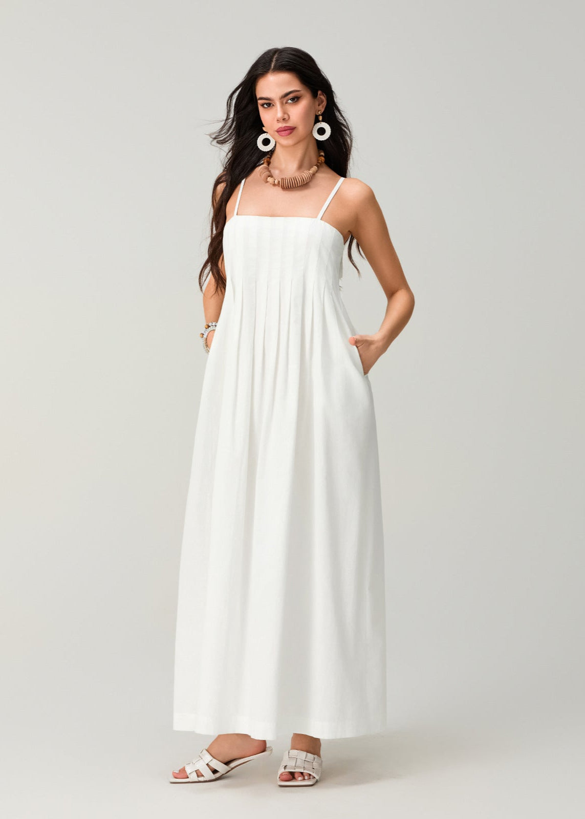 Linen Essence - White Pleated Maxi Sundress