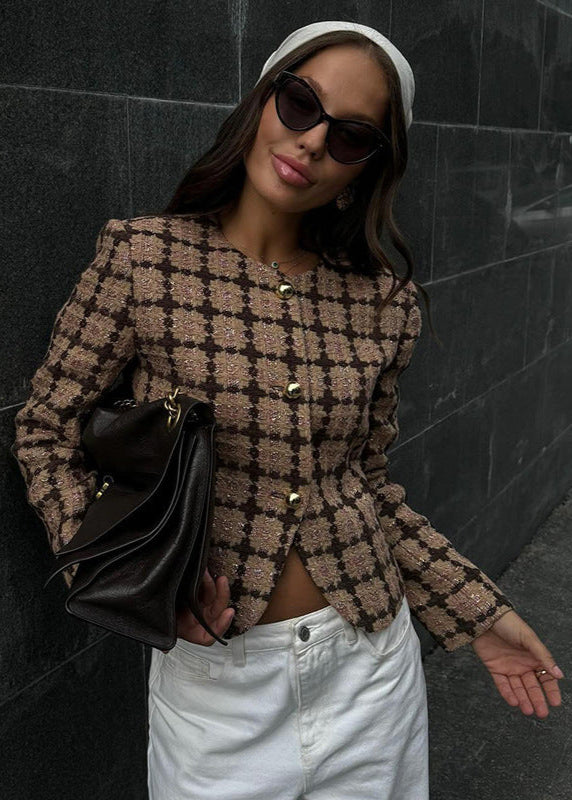 Vintage-Inspired Tweed Plaid Jacket