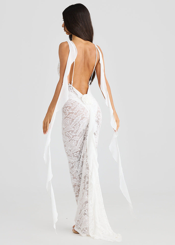 Celestine - Sheer Lace Backless Maxi Dress